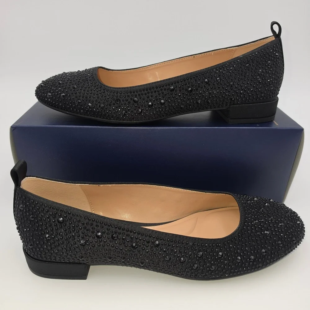 Adrienne Vittadini Carnival Black Satin Rhinestone Flats Shoes 9M 3W25F023 NWB